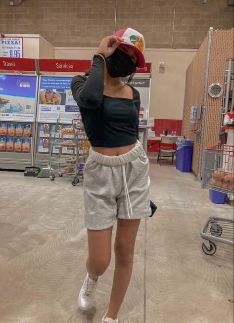 pacsun air force 1 viral trucker hat, long sweat shorts Sweats And Hat Outfit, Nike Sweat Shorts Outfit Women, Sweat Pant Shorts Outfit, Long Sweat Shorts Outfit, Sweat Shorts Aesthetic, Fleece Shorts Outfit Women, Nike Sweat Shorts Outfit, Outfits With Sweat Shorts, Outfits With Sweatshorts