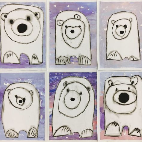 Super adorable polar bear art for our ‘Animals’ topic. We practised the polar bears as a whole class guided drawing activity before doing the ‘real thing’ using black pastels. The smudge effect completely transforms the pictures. We painted the background separately using regular poster paints. #eyfs #reception #animalstopic #polarbear #polarbearart #ead Charcoal Shading, Art 2nd Grade, Drawing With Watercolor, Winter Art Lesson, First Grade Art, Polar Bear Art, 2nd Grade Art, Winter Art Projects, 3rd Grade Art