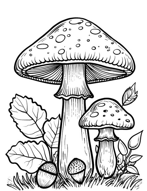 Autumn Mushrooms and Acorns: Mushrooms mixed with acorns and autumn leaves on the forest floor. (Free Printable Coloring Page for Kids) Printable Mushroom Coloring Page, Mushroom Clipart Black And White, Cute Pumpkin Coloring Pages, Free Mushroom Printables, Free Autumn Coloring Pages, Mushroom Coloring Pages Free Printable, Free Printable Coloring Pages For Adults, Color Pages Free Printable, Free Autumn Printables