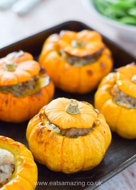 Easy oven baked sausage stuffed mini pumpkins - a fun family recipe idea for Halloween or Bonfire Night Oven Baked Sausage, Stuffed Mini Pumpkins, Bake Sausage In Oven, Roasted Pumpkin Recipes, Baked Sausage, Pumpkin Souffle, Souffle Recipes, Pumpkin Spice Recipe, Sausage Bake