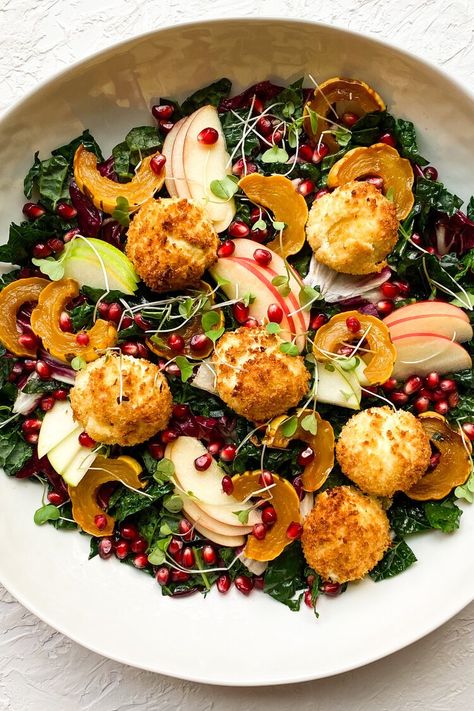 Harvest Salad with Fried Goat Cheese — forlemonsake Fried Goat Cheese Balls Salad, Goat Cheese Balls Salad, Fall Salad With Goat Cheese, Goat Cheese Salad Recipes, Goat Cheese Salad Dressing, Fried Goat Cheese Salad, November Meals, Warm Winter Salad, Warm Goat Cheese Salad