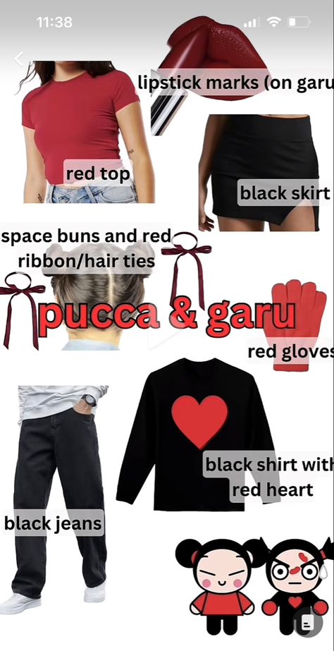 Puca And Garu Costumes Couple, Pucca And Garu Costumes, Pucca Costume, Pucca Cosplay, Red Top Black Skirt, Ribbon Hair Ties, Couples Halloween Outfits, Red Gloves, Anime Halloween