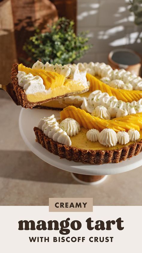 This tropical and delicious mango tart is made with a crunchy biscoff crust, creamy mango filling, and whipped cream and fresh mangoes on top. It's easy to make and perfect for mango season! #mangotart #mango #mangodessert | teakandthyme.com Dessert Tarts Mini, Mango Filling, Biscoff Crust, Mango Tart, Condensed Milk Cookies, Mango Dessert Recipes, Charlotte Cake, Thyme Recipes, Mango Dessert