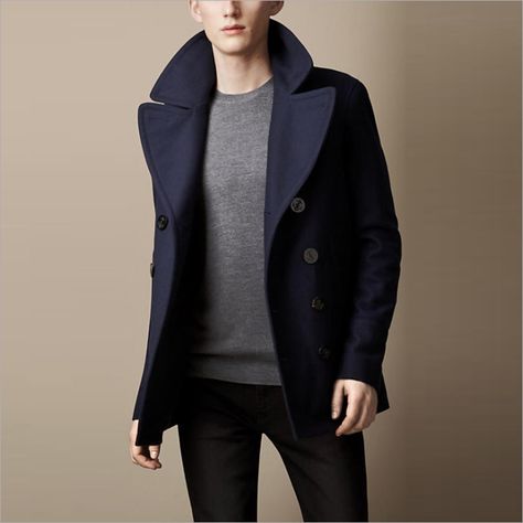 Trench Coat Outfit Spring, Winter Peacoat, Navy Wool Coat, Peacoat Men, Short Trench Coat, Trench Coat Outfit, Luxury Winter, Navy Coat, Navy Jacket