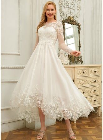 [US$ 224.00] A-line Scoop Asymmetrical Chiffon Lace Wedding Dress With Sequins  - JJ's House Over 50 Wedding Dress, Wedding Dress Over 40, Older Bride Dresses, Scottish Wedding Dresses, Hi Low Wedding Dress, Older Bride Wedding Dress, Wedding Dress With Sequins, Simple Lace Wedding Dress, Short Wedding Gowns