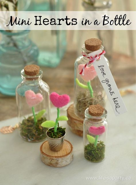 Mini Hearts in a Bottle:  Tiny felt heart flowers inside a glass jar create a magical terrarium garden. Kids Unicorn Party, Crafts With Glass Jars, Mini Glass Jars, Tiny Jars, Heart Flowers, Mini Glass Bottles, Mini Jars, Mini Craft, Bottle Charms