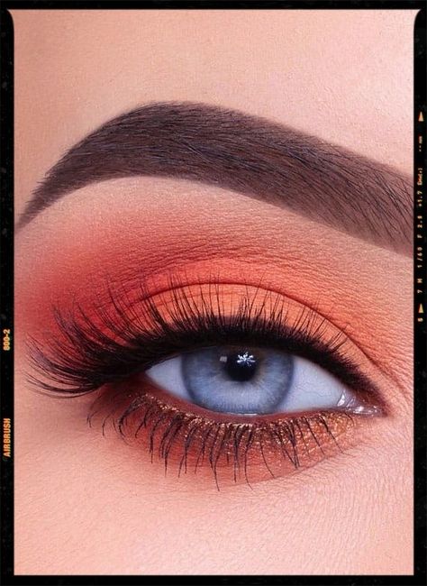 Beautiful coral makeup for blue eyes Orange Makeup Looks Blue Eyes, Red Eyeshadow On Blue Eyes, Blue Eyes Orange Eyeshadow, Simple Summer Eye Makeup, Simple Colorful Eye Makeup For Blue Eyes, Red Makeup Looks Blue Eyes, Pretty Eyeshadow Looks For Blue Eyes, Fall Eye Makeup For Blue Eyes, Fall Makeup Ideas Blue Eyes