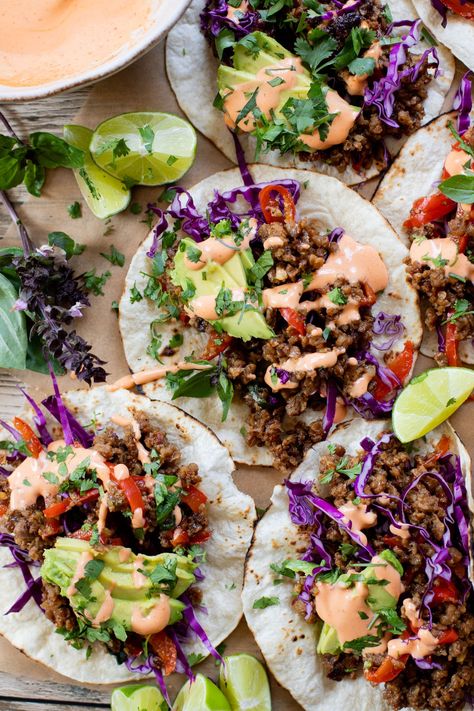 Vegan Thai Beef Tacos Vegan Tacos Recipes, Plant Based Recipes Dinner, Thai Beef, Vegan Beef, Beef Tacos, Plant Based Diet Recipes, Vegan Tacos, Spicy Mayo, Vegan Main Dishes