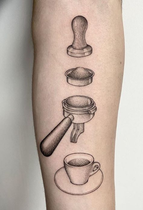 The Most Popular Monochromatic Tattoos - TheTatt Barista Tattoo Ideas, Barista Tattoo, Lotusblume Tattoo, Tattoo Cafe, Tattoo Sites, Private Tattoos, Web Tattoo, Coffee Tattoos, Explore Tattoo