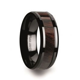 BENNY Black Ceramic Polished Beveled Edges Men’s Wedding Band with Bubinga Wood Inlay - 8mm Masculine Wedding, Wood Inlay Rings, Ring Styles, Men's Wedding Ring, Ceramic Rings, Wood Inlay, Reddish Brown, Fashion Ring, Mens Wedding Rings