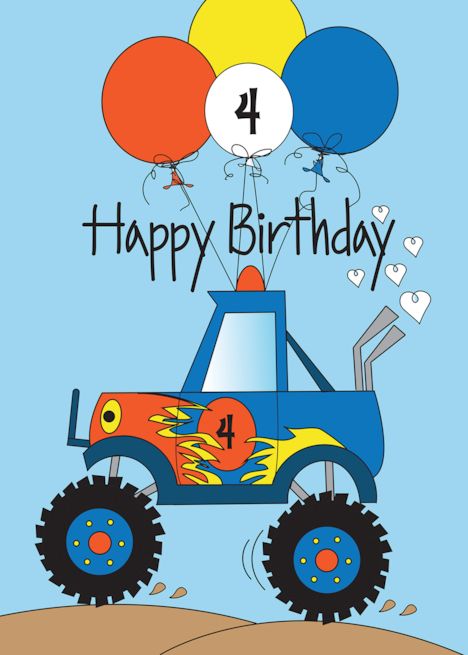 Hand Lettered Monster Truck Birthday for 4 Year Old Boy with Balloons card Happy 4th Birthday Boy, Monster Truck 4th Birthday, Happy 4 Birthday Boys Year Old Theme, Three Year Old Monster Truck Birthday, 4th Birthday Monster Truck Theme, Monster Truck Birthday Cards, Birthday Boy Quotes, Birthday Wishes Boy, 4th Birthday Boys