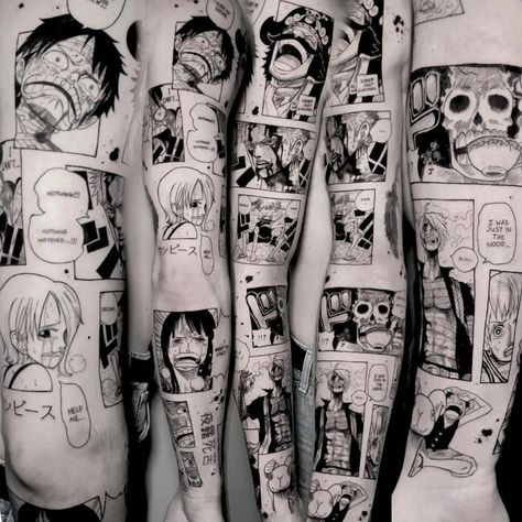 Manga Page Tattoo, Anime Panel Tattoo Sleeve, One Piece Manga Tattoo Ideas, Manga Panel Tattoo Sleeve, Manga Panel Tattoo Ideas, Anime Patchwork Tattoo Sleeve, Manga Tattoo Sleeve, Manga Sleeve Tattoo, Piece Sleeve Tattoo