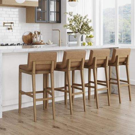 Gracie Modern Bar Stool, Boucle Upholstered Chair and Brushed Wooden Legs - On Sale - Bed Bath & Beyond - 36830246 Beige Counter Stools, Wooden Kitchen Island, Island Bar Stools, Leather Upholstery Fabric, Counter Stools With Backs, Nathan James, Brown Bar Stools, Island Chairs, Island Stools