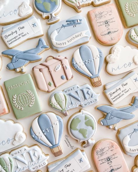 The cutest theme for a first birthday! Love the vintage take on these travel cookies! Around The World First Birthday Party, Around The World Themed Party, First Adventure Birthday, Baby Boys Birthday Themes, Traveling Birthday Theme, Travel Themed Birthday Party Kids, Onederful World Birthday Cake, 1st Birthday Travel Theme, Travel Theme 1st Birthday Party