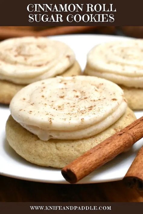 Cinnamon Roll Sugar Cookies • www.knifeandpaddle.com Cinnabon Cookies, Cinnamon Roll Sugar Cookies, Roll Out Sugar Cookies, Iced Oatmeal Cookies, Cinnamon Sugar Cookies, Cinnamon Roll Cookies, Coconut Peanut Butter, Rolled Sugar Cookies, Cinnamon Cookies