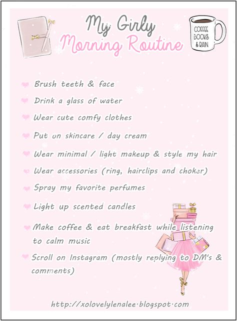 Girly Words List, Coquette To Do List, Pink Morning Routine, How To Be Like A Princess, Girly Morning Routine, Coquette Morning Routine, Girly Things To Do, Pink Girly Things Aesthetic, Princess Morning Routine