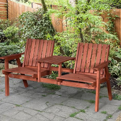 Andover Mills™ Wilhelmina Outdoor Patio Wooden Tete-a-Tete Bench | Wayfair Wooden Outdoor Bench, Antique Loveseat, Outside Benches, Small Tea Table, Middle Table, Garden Cover, Wooden Garden Benches, Parasol Umbrella, Wooden Patios