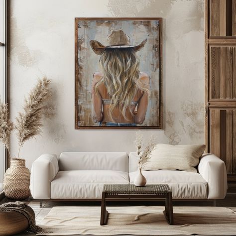 Nashville Home Decor, Cowboy Hat Wall Display, Living Room Western Decor Ideas, Coastal Western Aesthetic, Cowgirl Living Room, Western Wall Decor Bedroom, Western Salon Decor, Cow Print Room Decor, Western Chic Living Room