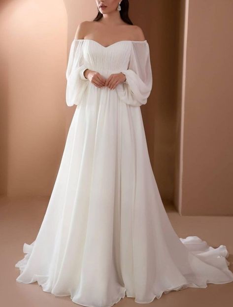 Wedding Dresses Not Poofy, Small Wedding Dress Simple, Traditional Celtic Wedding Dress, Wedding Dresses For Woodland Wedding, Thick Off The Shoulder Wedding Dress, Puffed Long Sleeve Wedding Dress, Mossy Wedding Dress, Long Sleeve Poofy Wedding Dress, White Bridesmaid Dresses Long Sleeve