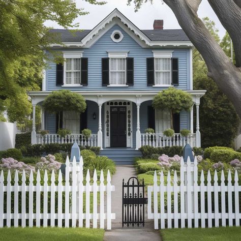 Light Blue Colonial House Exterior, Shutter Colors For Light Blue House, Victorian House Exteriors, Light Blue Exterior House, Blue Suburban House, Paint House Exterior Colors Ideas, Victorian Exterior House, Blue Grey House Exterior, Blue Colonial House