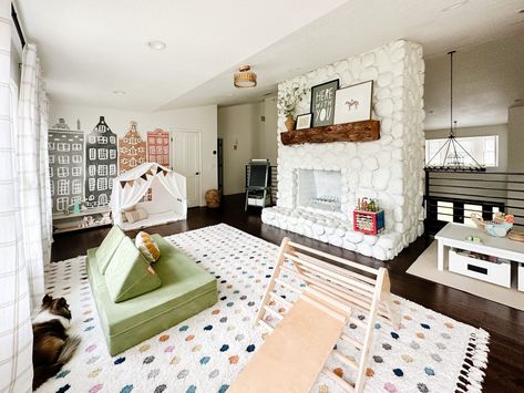 Playroom Carpet, Carpet Tiles Design, Elephant Basket, Farmhouse Playroom, Loft Playroom, Gingham Curtains, Polka Dot Rug, Montessori Shelf, Upstairs Loft