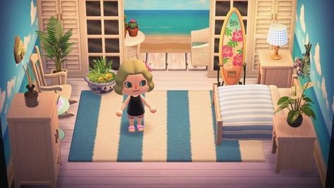 Animal Crossing Beach Room Ideas, Acnh Beach Resort Ideas, Acnh Beach Interior, Animal Crossing Beach House Interior, Acnh Bedroom, Acnh Tropicore, Achn Ideas, Acnh Rooms, Tropical Room Ideas