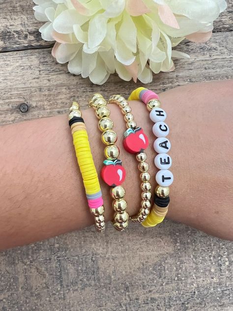 Teacher Valentine Bracelet, Teacher Appreciation Jewelry, How To Photograph Bracelets To Sell, Beaded Teacher Bracelets, Teacher Pencil Bracelet, Stacked Beaded Bracelets Diy, Teach Clay Bead Bracelet, Teacher Bracelet Gift, Teacher Heishi Bracelet