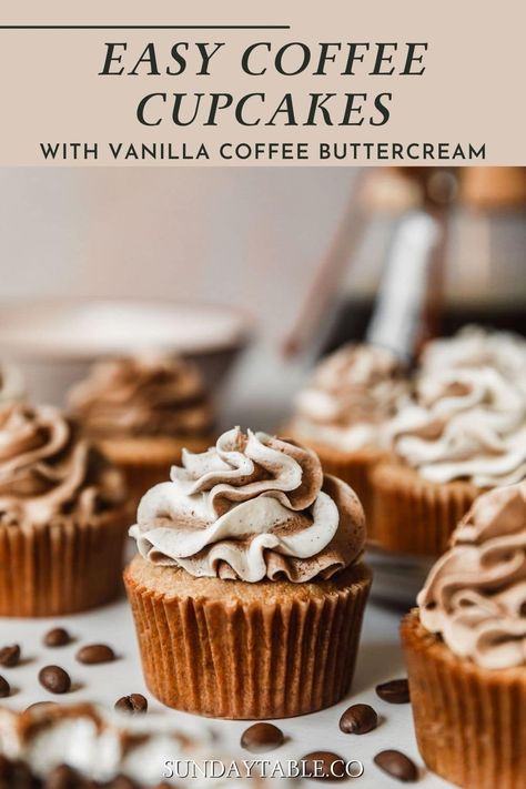 These homemade coffee cupcakes with vanilla coffee buttercream are fluffy, moist, & easy to make from scratch! With instant espresso, they're full of coffee flavor. After they're baked, the espresso cupcakes are topped with a swirled frosting. But you can try other decorating ideas too. The buttercream frosting is the best ever - light, fluffy, & not too sweet! Try filling these cupcakes with chocolate ganache or caramel sauce, or make them gluten free with a flour replacement. Beyond delicious! Vanilla Filling For Cupcakes, Coffee Cupcake Ideas, Coffee Cupcake Design, Coffee Flavored Cupcakes, Espresso Martini Cupcakes, Coffee Themed Cupcakes, Coffee Cupcakes Recipe, Cupcake Flavors Unique, Coffee Cupcake Recipes