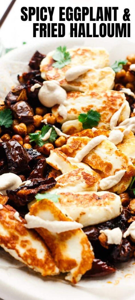 Easy sweet and spicy roasted eggplant in a harissa honey marinade + roasted peppers and chickpeas with fried halloumi and a tahini sauce! This simple vegetarian dinner recipe is easy to make, just 10 ingredients and it can be ready in 30 minutes. Vegetarian Halloumi Recipes, Harissa Eggplant, Simple Vegetarian Dinner, Honey Marinade, Halloumi Recipes, Baked Halloumi, Spicy Eggplant, Harissa Recipes, Fried Halloumi