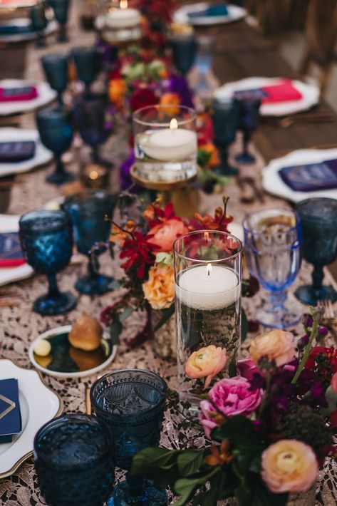 Colorful Jewel Tone Wedding, Jewel Tone Mexican Wedding, Whimsical Jewel Tone Wedding, Jewel Tone Indian Wedding, Jewel Tone Wedding Centerpieces Round Table, Jewel Tone Wedding Theme Table Settings, Jewel Tone Wedding Table Decor, Jewel Tone Flower Arrangements, Jewel Tone Centerpieces Wedding