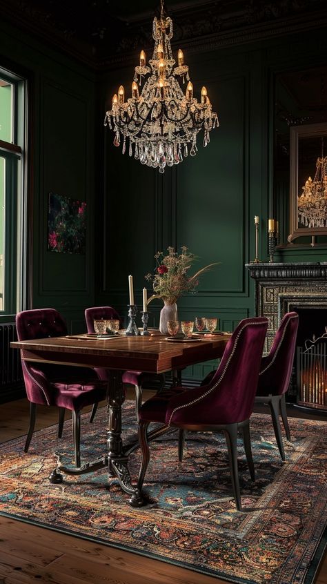 Victorian Inspired Dining Room, Victorian Era Dining Room, Purple And Green Dining Room, Dining Room Gothic, Whimsigoth Dining Room, Rich Dining Room, Red Dining Room Ideas, Green And Gold Dining Room, Dark Moody Dining Room