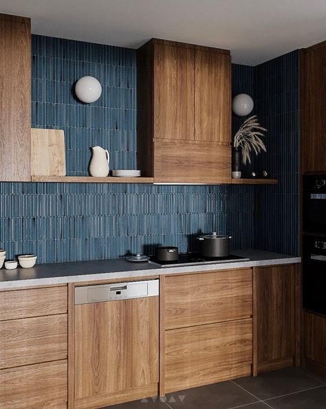 Re:model - Blue backsplash tile with all walnut wood cabinets... Wood And Color Kitchen Cabinets, Blue And Orange Kitchen, Blue Backsplash Tile, Blue Tile Backsplash Kitchen, Blue Backsplash Kitchen, Blue Kitchen Tiles, Walnut Kitchen Cabinets, Eclectic Apartment, Walnut Kitchen