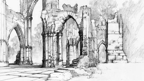 Gothic Ruins, Deck Of Many Things, Ruins Architecture, Gothic Drawings, Castle Drawing, Gothic Castle, Drawing Course, Simple Line Drawings, Castle Ruins