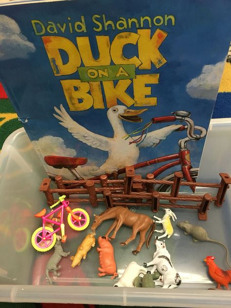 Retelling Duck On Bike by David Shannon using lakeshore manipulative toys Duck On A Bike Activities Preschool, Prek Reading Activities, Duck On A Bike, Literacy Bags, Nursery Rhyme Crafts, Emergent Literacy, Literacy Activities Preschool, Childrens Books Activities, All About Me Activities