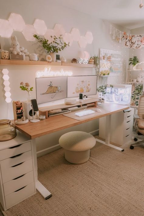 Big Home Office Ideas, Office Inspo Workspaces, Work Desk Setup Ideas, Warm Office Decor, Working Room Ideas, Desk Ideas Gaming, Office Inspo Aesthetic, Built In Desk Ideas, Study Desk Inspiration