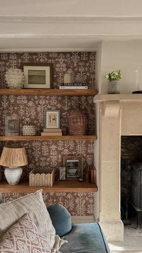 Our wavy mount sitting pretty on our shelves. Lewis and Wood wallpaper behind in Papyrus print. Wood Alcove Shelves, Wallpaper And Shelves, Wallpaper Behind Shelves Living Room, Wallpaper Floating Shelves, Built In Shelves With Wallpaper Back, Shelf With Wallpaper Back, Alcoves In Living Room, Alcove Shelves Living Room, Wallpaper Behind Shelves