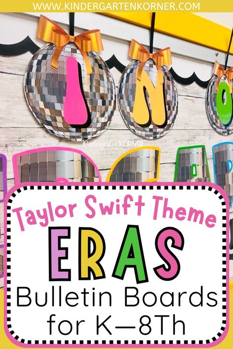 Looking for fun and engaging back-to-school bulletin board ideas? Check out these Taylor Swift-inspired Eras Bulletin Boards for kindergarten through 8th grade! Get compliments on the first day of school, meet-the-teacher night, and decorate your classroom hallway with one of these bulletin board sets for the beginning of the school year! In My Era Bulletin Board, Taylor Swift Bulletin Board Ideas, Taylor Swift Bulletin Board Elementary, Bulletin Boards For Kindergarten, Taylor Swift Bulletin Board, Bulletin Boards Theme, Bullentin Boards, Teacher Bulletin Boards, Class Door