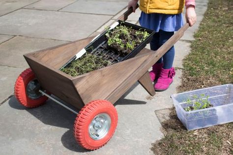 How to Build A Kid-Sized Wheelbarrow Diy Wheelbarrow, Wood Wheelbarrow, Wheelbarrow Planter, Work Van, Garden Wagon, Garage Car, Car Lift, Kids Homemade, Garden Cart