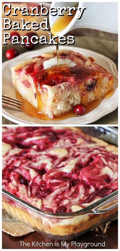 Cranberry Baked Buttermilk Pancakes (with leftover cranberry sauce!) ~ Looking for a great recipe for leftover cranberry sauce? Enjoy it for breakfast with these super easy & super tasty Cranberry Baked Buttermilk Pancakes! EASY because they're baked instead of individually-made standing at the stove top. #bakedpancakes #cranberrypancakes #leftovercranberrysauce www.thekitchenismyplayground.com Cranberry Breakfast Recipes, Buttermilk Pancakes Easy, Cranberry Baking, Canned Cranberry Sauce, Leftover Cranberry Sauce, Flour Substitute, Baked Pancakes, Holiday Baking Recipes, Cranberry Sauce Recipe