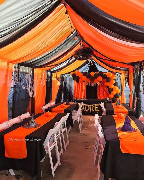 Halloween Marquee Ideas, Halloween Chairs Decorating Ideas, Halloween Party Tent Decorations, Halloween Garage Party Decorations, Halloween Tent Party, Halloween Tent Decorating Ideas, Halloween Party Tent, Halloween Garage Party, Halloween Campsite Decorating Ideas