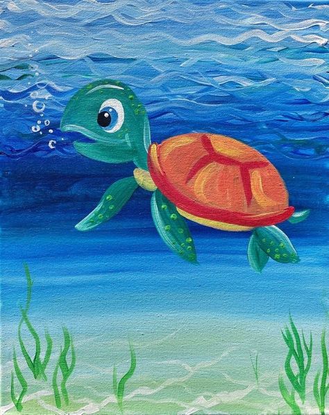 Kids Canvas Art, Paint Nite, Kids Canvas, Summer Painting, Turtle Painting, Easy Canvas Painting, Turtle Art, Camping Art, Night Painting