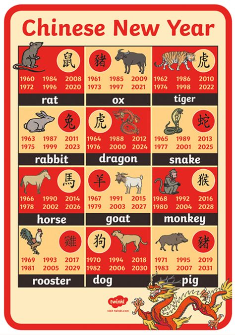 A poster to show the Chinese zodiac animal for birth years of children and adults. Have fun finding out which animal represents you! This is a great poster to display during Chinese New Year. Sign up to Twinkl to download this resource.   #chinesenewyear #newyear #china #chinese #zodiac #animals #poster #displayposter #festivals #celebrations #dragon #teacher #teach #education #school #twinkl #twinklresources Chines New Year 2023, Chinese Year Animals, Chinese New Year Animals, Chinese New Year Signs, Chinese New Year Monkey, China Zodiac, China New Year, Chinese New Year Calendar, Chinese Numerology