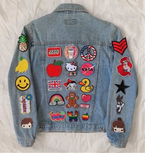 Upcycled Jean Jacket With Patches / Reworked Vintage Jean | Etsy Thailand Patches On Jacket, Jean Jacket With Patches, Patched Pants, Art Pants, Pants Diy, Patches Vintage, Jacket With Patches, Jeans Patch, Jean Jacket Patches