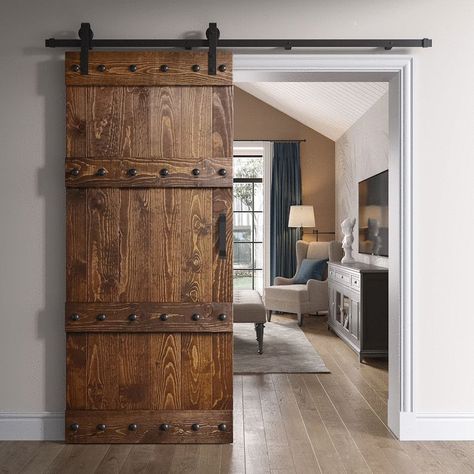 Inspired by the Castle-Series design, this interior sliding barn door is ready to transform your room into a stylish transition. Work as a premium space-saving solution versus a traditional swing door. This door does not require additional finishing or painting. Colors: Light Gray Dark Gray Red Wood Castle, Single Barn Door, Armoire Entree, Castle Series, Wood Barn Door, Interior Sliding Barn Doors, Barn Door Designs, Metal Barn, Knotty Pine