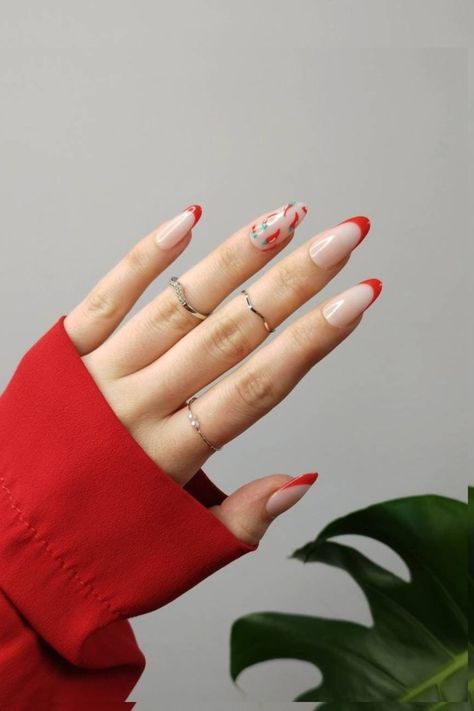 Almond Nails On Chubby Hands, Chilli Nails, Chili Nails, Formula 1 Nail Art, Formula 1 Nails, Nails Red French Tip, Nails Red French, Almond Nails Red, Red French Tip