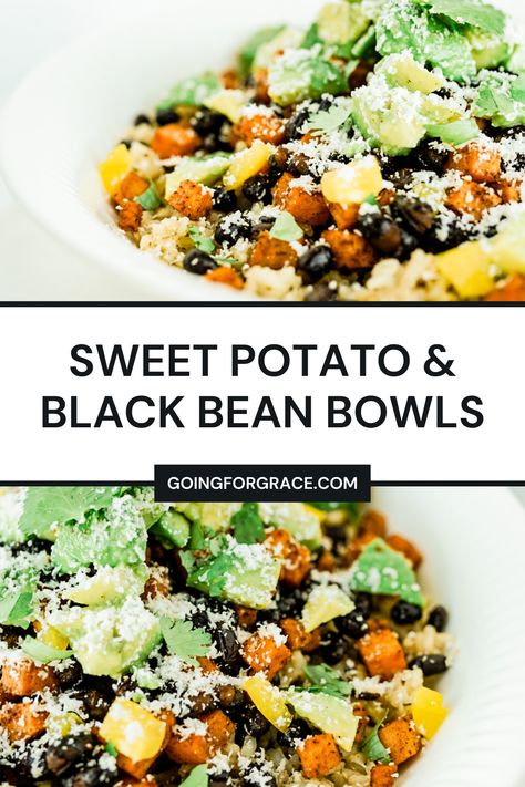 This Sweet Potato & Black Bean Rice Bowl recipe is loaded with flavor. Full of healthy ingredients, this dish makes for a great meatless dinner option! #easydinner #sweetpotato #blackbean #ricebowl Sweet Potato Black Bean Recipe, Black Bean Rice Bowl, Bean Rice Bowl, Black Bean Bowls, Vegan Black Bean Recipes, Mexican Beans Recipe, Black Bean Recipe, Bean Bowls, Black Bean Rice