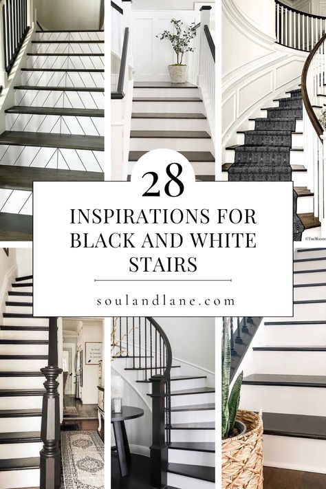 Revitalize your home with the timeless elegance of black and white staircase designs. Dive into the world of chic renovations with these stunning examples that showcase the beauty of contrast. Whether you prefer a classic monochrome look or a modern twist, these stairs offer inspiration for transforming your space into a sophisticated haven. White Stairs With Black Spindles, Painted Staircases Black And White, Painting Stairs Black And White, Black And White Tile Stairs, Black Painted Stair Treads, Black Grand Staircase, Black Stairs Light Floors, Stair Case Paint Ideas, Black And White Stairs Modern