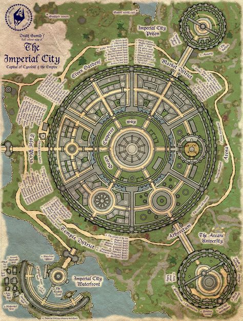 A map of the Elder Scrolls Oblivion’s Imperial City, there is too much stuff in the Imperial City to note on my map of Cyrodiil so I made another map. The map has a hand painted look but was made e... Fictional City, Imperial City, Fantasy City Map, Fantasy World Map, Tabletop Rpg Maps, Rpg Map, Town Map, Dungeon Maps, D D Maps