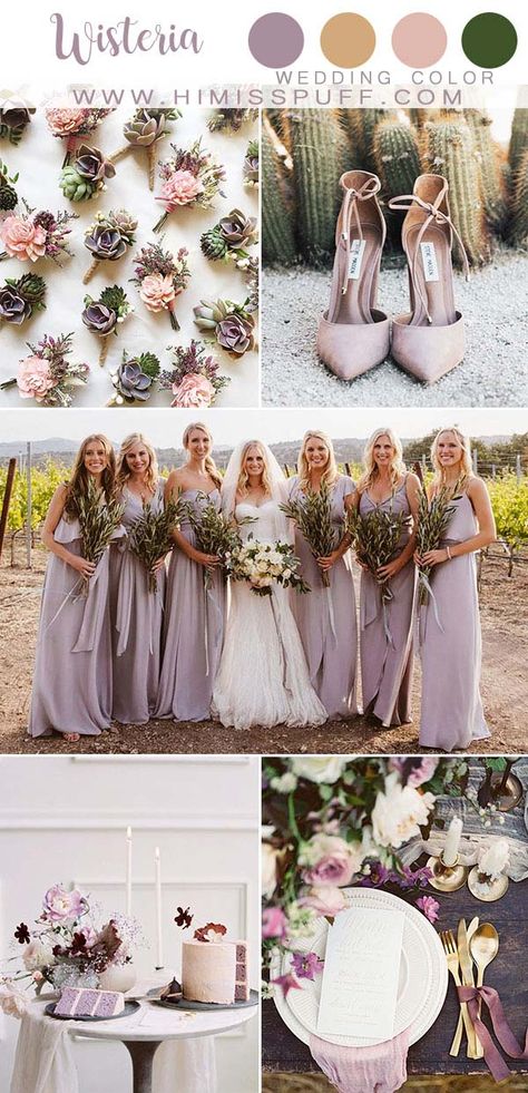 Wisteria Mauve wedding color Bridesmaid dresses Wisteria Wedding Inspiration Wisteria Wedding Colors, Bridesmaid Dress Color Schemes, Mauve Wedding Colors, Wisteria Bridesmaid Dresses, Wisteria Wedding, Mauve Bridesmaid, Mauve Bridesmaid Dress, Bright Wedding Colors, Wedding Color Palettes