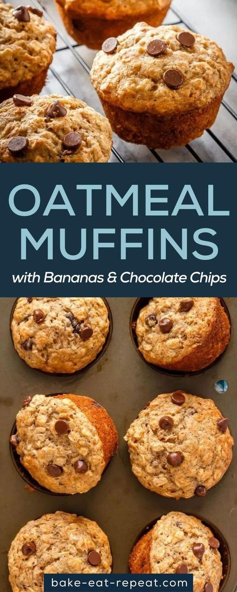 Muffins With Bananas, Banana Oatmeal Chocolate Chip Muffins, Oatmeal Breakfast Muffins, Banana Oatmeal Recipe, Healthy Chocolate Chip Muffins, Banana Oatmeal Muffins Healthy, Muffins With Chocolate Chips, Oatmeal Muffins Healthy, Oatmeal Chocolate Chip Muffins